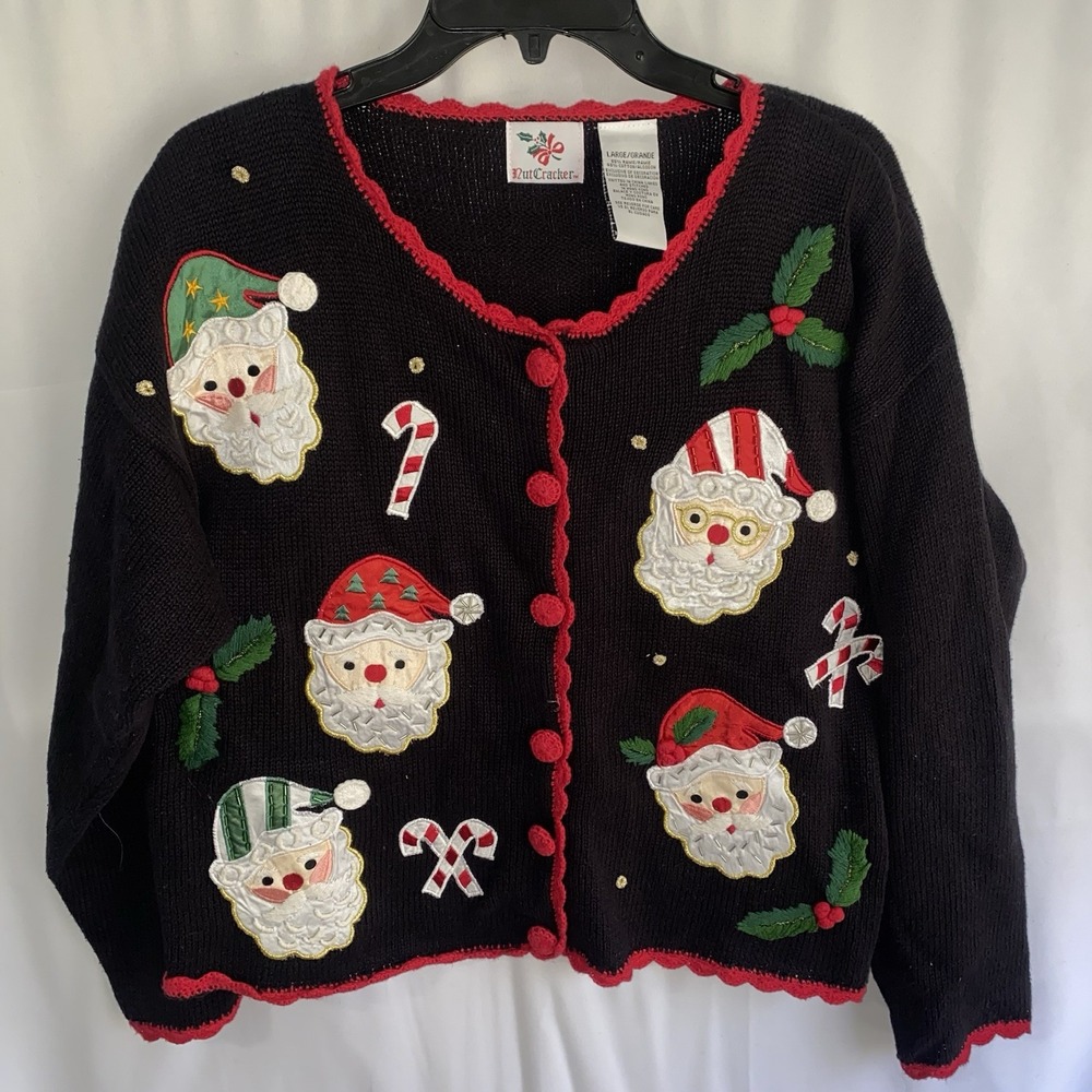 Vintage Nutcracker Christmas‎ Santa Claus Holiday Cardigan Sweater Large Ramie